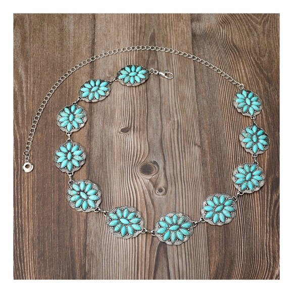 Tigerstars Vintage Boho Turquoise Stone Concho Chain Link Belt - Picture 3 of 3